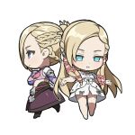  2girls bangs barefoot belt black_footwear blonde_hair blue_eyes boots bow braid brown_collar chibi chinese_commentary collar commentary_request cropped_jacket dot_nose dress dress_bow dual_persona empty_eyes final_fantasy final_fantasy_xiv from_side full_body hair_bun hair_ribbon half_updo hand_on_own_chest hyur long_hair looking_ahead minfilia_warde multiple_girls outline outstretched_arms profile purple_skirt ribbon short_hair short_sleeves side_braids simple_background single_hair_bun skirt smile spread_arms swept_bangs wading white_background white_dress white_outline wuliu_heihuo 