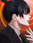  1boy black_hair black_jacket black_necktie blue_eyes bonjindaaa chainsaw_man earrings formal fox_devil_(chainsaw_man) hayakawa_aki highres jacket jewelry looking_to_the_side necktie red_background ringed_eyes short_hair simple_background solo spiral_background stud_earrings suit topknot 