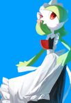  apron black_dress blue_background closed_mouth clothed_pokemon commentary dress flipped_hair frills from_below frown gardevoir green_hair highres horezai maid_headdress outstretched_arm pink_ribbon pokemon red_eyes ribbon simple_background sleeveless sleeveless_dress waist_apron white_apron 