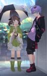  1boy 1girl :o bag bangs black_jacket black_shorts blurry blurry_background boots brown_eyes brown_hair building cellphone charm_(object) coat fanny_pack glasses green_footwear hair_ornament hand_in_pocket headgear highres holding holding_phone holding_umbrella hood hood_down hooded_coat jacket long_sleeves open_clothes open_jacket outdoors parted_lips phone purple_hair purple_shirt rain raincoat shirinda_fureiru shirt shorts smartphone standing touhoku_kiritan touhoku_zunko twintails umbrella violet_eyes voiceroid wide_sleeves yuzuki_yukari&#039;s_younger_twin_brother 