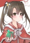  1girl absurdres alternate_costume artist_name bell box brown_eyes capelet dated eiji_(monochromexd) fur-trimmed_capelet fur_trim gift grey_hair highres kantai_collection long_hair looking_at_viewer one-hour_drawing_challenge red_capelet solo twintails two-tone_background upper_body white_background zuikaku_(kancolle) 