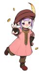  &gt;:) 1girl bangs beret brown_gloves brown_headwear brown_pants chinese_commentary coin commentary_request dress elbow_gloves final_fantasy final_fantasy_xiv fingerless_gloves full_body gloves hand_on_hip hat hat_feather highres lalafell looking_at_viewer outstretched_arm pants pink_dress pointy_ears purple_hair red_footwear shoes short_hair simple_background solo standing standing_on_one_leg tataru_taru v v-shaped_eyebrows violet_eyes white_background wuliu_heihuo 