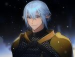  1boy armor bangs blue_eyes blue_hair blurry blurry_background chainmail chinese_commentary commentary_request earclip elezen elf final_fantasy final_fantasy_xiv hair_between_eyes half-closed_eyes haurchefant_greystone looking_at_viewer male_focus outdoors pauldrons pointy_ears portrait short_hair shoulder_armor smile snowing solo turtleneck wuliu_heihuo 