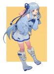  1girl aqua_nails bangs blue_cardigan blue_footwear blue_hair blunt_bangs blush boots cardigan commentary_request dress full_body fur-trimmed_boots fur_trim hair_ornament hair_ribbon hairclip hand_on_hip highres knee_boots kotonoha_aoi leaning_forward long_hair long_sleeves looking_at_viewer nail_polish open_cardigan open_clothes open_mouth pink_thighhighs pom_pom_(clothes) red_eyes ribbon shirinda_fureiru sidelocks simple_background solo thigh-highs v very_long_hair voiceroid 