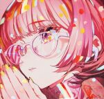  1girl bangs close-up highres lips looking_to_the_side mika_pikazo open_mouth original own_hands_together parted_lips pink-framed_eyewear pink_eyes pink_hair pink_sweater ribbed_sweater solo sweater turtleneck wireless_earphones yellow_nails 