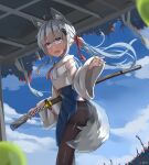  1girl absurdres ahoge animal_ear_fluff animal_ears artist_name bangs black_pantyhose blue_sky blunt_bangs clouds cloudy_sky dated day fang feet_out_of_frame fox_ears fox_girl fox_tail grey_eyes grey_hair hair_over_shoulder hair_ribbon hand_up highres hinbackc katana looking_at_viewer open_mouth original outdoors pantyhose ponytail red_ribbon ribbon scenery sheath sheathed shirt sidelocks signature sky slime_(creature) solo sword tail weapon white_shirt wide_sleeves 