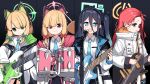 4girls :d absurdly_long_hair animal_ears aris_(blue_archive) bangs bass_guitar black_hair blue_archive blue_eyes blunt_bangs cat_ear_headphones cat_ears collared_shirt commentary_request drum electric_guitar fake_animal_ears forehead green_eyes guitar hair_between_eyes hair_ornament hair_ribbon hairband halo headphones highres holding holding_instrument hood hooded_coat hooded_jacket instrument jacket lettu light_brown_hair long_hair long_sleeves looking_at_viewer microphone microphone_stand midori_(blue_archive) momoi_(blue_archive) multiple_girls music necktie one_side_up parted_bangs playing_instrument red_eyes redhead ribbon school_uniform shirt short_hair sidelocks simple_background singing smile sweatdrop tress_ribbon turtleneck very_long_hair violet_eyes yuzu_(blue_archive) 