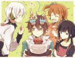  163yunatsu 2boys 2girls :| amamiya_hibiya apron asahina_hiyori bangs birthday birthday_cake black_eyes black_hair black_shirt blunt_bangs border breath brown_eyes brown_hair cake cake_slice candle clenched_hand closed_mouth clothes_writing collarbone collared_vest cone confetti crossed_arms diagonal-striped_headwear english_text eyewear_on_head finger_to_own_chin food fruit funny_glasses glasses green_background green_scrunchie hair_between_eyes happy_birthday hat headphones holding holding_food holding_party_popper holding_plate hood hoodie index_finger_raised jacket kagerou_project kisaragi_momo konoha_(kagerou_project) light_blush long_sleeves looking_at_another looking_away low_twintails mekakucity_actors multicolored_clothes multicolored_jacket multiple_boys multiple_girls open_mouth orange_hair orange_hoodie outside_border party_hat party_popper pink_apron plate red-framed_eyewear scrunchie shirt short_hair short_sleeves shy side_ponytail smile sparkle strawberry striped striped_headwear sweat sweater_vest thought_bubble twintails two-tone_jacket vest wavy_mouth white_border white_hair white_jacket white_sweater_vest white_vest 