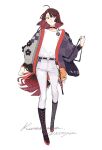  1girl ahoge asymmetrical_clothes bag belt boots brown_hair contemporary dog_tail fate/grand_order fate_(series) grey_jacket jacket k500yen kyokutei_bakin_(fate) long_hair low-tied_long_hair pants red_eyes signature tail white_background white_pants 