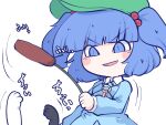  1girl blue_eyes blue_hair blue_shirt blue_skirt blush_stickers fried_rice0614 green_headwear hair_bobbles hair_ornament hat kawashiro_nitori key long_sleeves motion_lines one-hour_drawing_challenge open_mouth shirt short_hair simple_background skirt smile solo touhou two_side_up white_background 
