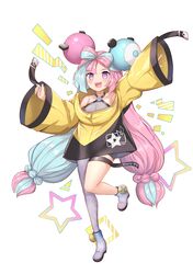  1girl bow-shaped_hair breasts character_hair_ornament grey_pantyhose hair_ornament hexagon_print highres iono_(pokemon) jacket multicolored_hair oversized_clothes pantyhose pokemon pokemon_(game) pokemon_sv sharp_teeth single_leg_pantyhose sleeves_past_wrists solo split-color_hair teeth twintails very_long_sleeves x yellow_jacket yougen_kitsune 