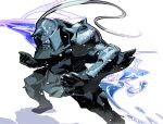  1boy alphonse_elric armor black_gloves clenched_hand cofffee fighting_stance foot_out_of_frame full_armor fullmetal_alchemist gauntlets gloves helm helmet male_focus plate_armor plume shoulder_armor shoulder_spikes solo spiked_helmet spikes white_background white_eyes 