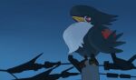  animal_focus bird closed_mouth commentary highres honchkrow horezai looking_down night outdoors pokemon pokemon_(creature) red_eyes sky smile standing talons utility_pole 