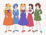  5girls :o aino_minako alternate_costume bangs bishoujo_senshi_sailor_moon black_hair blonde_hair blue_bow blue_dress blue_eyes blue_footwear blue_hair blue_headwear bow bowtie brown_hair collar crescent crescent_earrings crossed_arms dress drill_hair earrings flat_color full_body gold_earrings green_dress green_eyes green_footwear green_skirt hair_bow hair_ribbon hairband hand_on_hip headwear_request high_ponytail hino_rei jewelry juliet_sleeves kino_makoto long_hair long_sleeves looking_at_another makeup mizuno_ami multiple_girls orange_dress orange_footwear own_hands_together parted_bangs parted_lips pinafore_dress pink_bow pink_footwear pink_ribbon plaid plaid_dress plaid_skirt pleated_dress pleated_skirt ponytail puffy_long_sleeves puffy_sleeves purple_bow purple_dress red_bow red_dress red_footwear red_hairband red_lips retro_artstyle ribbon rikuwo sailor_collar sailor_dress sailor_moon shirt short_hair simple_background skirt sleeve_cuffs socks standing tsukino_usagi twin_drills twintails two-tone_dress violet_eyes white_background white_collar white_sailor_collar white_shirt white_socks 