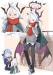 2girls :d absurdres adjusting_another&#039;s_hair adjusting_hair ahoge ako_(blue_archive) alternate_costume bangs black_pants blue_archive blue_hair casual coat coat_on_shoulders commentary_request demon_girl demon_horns demon_wings faceless faceless_female forehead full_body hair_between_eyes hair_bun hair_ornament hairband hairclip halo highres hina_(blue_archive) horns long_hair long_sleeves multiple_girls pants parted_bangs ponytail red_scarf reference_sheet scarf shoes sidelocks single_hair_bun smile sneakers solo_focus standing sweater translation_request violet_eyes white_hair wings yuki_hishaku 