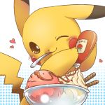  blush bowl food heart ice_cream jimmy2929 ketchup no_humans pikachu pokemon pokemon_(creature) polka_dot polka_dot_background spoon spoon_in_mouth tail wink 
