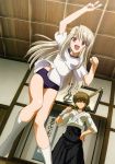  2girls brown_eyes brown_hair buruma fate/stay_night fujimura_taiga gym_uniform hand_on_hip illyasviel_von_einzbern isono_satoshi multiple_girls open_mouth red_eyes v white_hair 