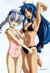  arm_up armpits bikini blue_hair braid brown_eyes chidori_kaname full_metal_panic full_metal_panic! grey_hair highres horiuchi_osamu long_hair multiple_girls swimsuit swimsuit teletha_testarossa 