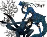  black_hair blue_eyes blue_hair boots cane ciel_phantomhive eyepatch formal gloves gothic hat kuroshitsuji male official_art red_eyes sebastian_michaelis skull suit toboso_yana top_hat trench_coat tuxedo tuxedo_jacket wallpaper 