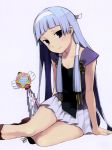  1girl absurdres blue_hair highres kannagi looking_at_viewer nagi purple_eyes smile solo takenashi_eri wand white_background 