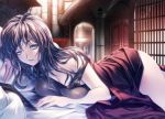  1girl arch bed_sheet blue_eyes breasts brown_hair cleavage door dress indoors long_hair lying on_stomach original pillar pillow rezi solo stone_wall strap_slip wall window 