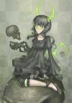  1girl absurdres black_hair black_rock_shooter checkered checkered_background choker dead_master glasses green-framed_glasses green_eyes highres horns jinyuan712 sitting skull solo wariza wings 