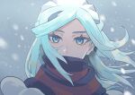  1boy aqua_eyes aqua_hair commentary_request elemoncake eyelashes floating_hair grusha_(pokemon) highres long_hair looking_at_viewer male_focus outdoors pokemon pokemon_(game) pokemon_sv portrait scarf scarf_over_mouth snowing solo striped striped_scarf 