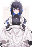  1girl ? alternate_costume apron bangs black_hair blue_archive blue_eyes blunt_bangs blush commentary_request embarrassed enmaided eyes_visible_through_hair hair_between_eyes halo highres kinona long_hair long_sleeves looking_at_viewer maid maid_apron maid_headdress multicolored_hair parted_lips saori_(blue_archive) sidelocks simple_background solo two-tone_background two-tone_hair 