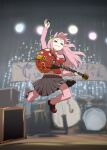  &gt;_&lt; 1girl back_to_the_future blurry blurry_background bocchi_the_rock! commentary electric_guitar gotou_hitori guitar hair_ornament highres holding holding_plectrum instrument jacket jumping long_hair pants pants_under_skirt parody pink_hair plectrum solo stage track_jacket track_pants track_suit ueyama_michirou 
