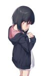  1girl bangs black_hair black_hoodie blush feet_out_of_frame from_behind hands_up highres hood hood_down hoodie long_sleeves looking_at_viewer medium_hair na-ga neck open_mouth original simple_background sleeves_past_wrists solo standing violet_eyes white_background 