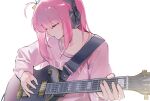  1girl absurdres bangs bocchi_the_rock! closed_eyes cube_hair_ornament electric_guitar gibson_les_paul gotou_hitori guitar hair_between_eyes hair_ornament hair_over_eyes headphones highres holding holding_instrument instrument long_hair long_sleeves one_side_up open_mouth pink_hair pink_shirt shirt simple_background solo white_background yuan_(ziranran) 