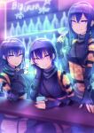  3girls absurdres apex_legends bangs black_gloves black_hair blue_hair bodysuit bottle breasts clone colored_tips cosplay cup drinking_glass fingerless_gloves glasses gloves hair_behind_ear hair_between_eyes highres holding holding_cup ichinose_uruha kiiro_(cocoa080) long_hair looking_at_viewer lupinus_virtual_games mirage_(apex_legends) mirage_(apex_legends)_(cosplay) multicolored_hair multiple_girls parted_lips small_breasts smile star_(symbol) violet_eyes virtual_youtuber vspo! wine_glass yellow_bodysuit 