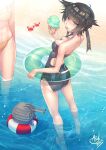  2girls asdj ass beach black_hair blue_one-piece_swimsuit breasts character_request chou-10cm-hou-chan clip_studio_paint_(medium) competition_swimsuit food full_body grey_eyes groin hachimaki hatsuzuki_(kancolle) headband highres ice_cream kantai_collection lifebuoy medium_breasts multiple_girls official_alternate_costume one-piece_swimsuit short_hair small_breasts swimsuit tagme two-tone_swimsuit white_one-piece_swimsuit 