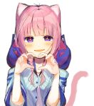  1girl animal_ears bangs blue_eyes capelet cat_ears cat_tail fang heart heart_hands hood hood_down hooded_capelet hooded_jacket jacket kaf_(kamitsubaki_studio) kamitsubaki_studio long_sleeves looking_at_viewer multicolored_eyes open_mouth pink_hair pipi23 simple_background smile solo tail upper_body virtual_youtuber white_background yellow_pupils 