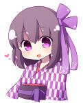  1girl :d bangs blush bow brown_hair commentary_request cropped_torso hair_between_eyes hair_bow heart japanese_clothes kimono long_sleeves looking_at_viewer obi original print_kimono purple_bow rensei sash simple_background smile solo upper_body violet_eyes white_background wide_sleeves yagasuri 