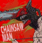  1boy blood blood_on_weapon chainsaw chainsaw_man copyright_name denji_(chainsaw_man) facing_to_the_side highres hybrid motion_lines open_mouth red_background sharp_teeth simple_background solo string_pull teeth topless_male tumubar117 weapon 