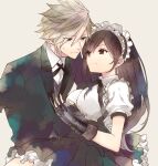  1boy 1girl bangs black_hair black_skirt blonde_hair blue_eyes breasts brown_eyes butler claw_(weapon) closed_mouth cloud_strife earrings final_fantasy final_fantasy_vii final_fantasy_vii_remake fingerless_gloves formal frills gloves jewelry large_breasts long_hair long_sleeves looking_at_another lowres maid maid_headdress mono0805 necktie puffy_short_sleeves puffy_sleeves shirt short_sleeves simple_background skirt smile spiky_hair suit tifa_lockhart upper_body weapon 