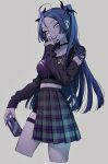  1girl belt black_nails blue_eyes blue_hair breasts can choker ear_piercing earrings fingernails grin highres jewelry long_hair long_sleeves looking_at_viewer maruchi original piercing sharp_fingernails sharp_teeth simple_background skirt smile solo teeth twintails two_side_up 