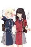  2girls alternate_costume backpack bag belt black_hair blonde_hair blue_belt blue_dress blue_ribbon blush bob_cut brown_bag commentary_request cosplay costume_switch dress futaba_(rei-futaba) green_ribbon grey_dress hair_ribbon hand_on_another&#039;s_back highres inoue_takina inoue_takina_(cosplay) leather_bag long_hair looking_at_viewer lycoris_recoil lycoris_uniform multiple_girls neck_ribbon nishikigi_chisato nishikigi_chisato_(cosplay) pleated_dress red-framed_eyewear red_belt red_dress red_ribbon ribbon short_hair smile translation_request two-tone_dress violet_eyes white_background 