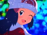  1girl ;d beanie blue_eyes blue_hair blurry blurry_background blush coat commentary_request eyelashes hair_ornament hairclip hat highres hikari_(pokemon) long_hair looking_at_viewer one_eye_closed open_mouth pokemon pokemon_(anime) pokemon_dppt_(anime) portrait red_coat scarf smile snowing solo tekken_papiyon tongue white_headwear white_scarf winter_clothes 