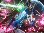  asteroid beam_rifle destiny_gundam energy_gun explosion firing glowing glowing_eyes green_eyes gun gundam gundam_seed gundam_seed_destiny highres holding holding_gun holding_weapon insignia lolicon_(lolicon42051636) mecha mechanical_wings mobile_suit open_hand photoshop_(medium) planet robot science_fiction space space_station spacecraft v-fin war weapon wings 