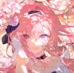  1girl absurdres blue_eyes cherry_blossoms flower gloves highres light_rays pink_flower pink_hair smile solo uffie upper_body white_gloves wind 
