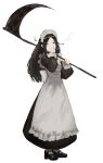  1girl absurdres black_hair cigarette full_body highres holding holding_scythe long_hair maid maid_headdress original pikuson scythe smoking solo white_background 