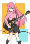  1girl bangs black_socks blue_eyes bocchi_the_rock! closed_mouth cube_hair_ornament electric_guitar gibson_les_paul gotou_hitori grey_skirt guitar hair_between_eyes hair_ornament hair_over_eyes holding holding_instrument instrument jacket long_hair music one_eye_closed one_side_up pink_hair pink_jacket playing_instrument pleated_skirt skirt socks solo standing track_jacket yoyoyosak 