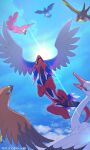  above_clouds bird black_eyes bombirdier clouds commentary_request corviknight dated day flamigo flying kilowattrel koraidon no_humans open_mouth outdoors pokemon pokemon_(creature) suyu38 talonflame tongue twitter_username watermark 