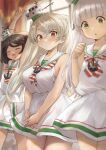  3girls anchor_necklace bangs black_hair blunt_bangs blurry breasts brown_eyes commentary_request conte_di_cavour_(kancolle) cosplay cowboy_shot depth_of_field dress green_eyes grey_hair jewelry kantai_collection large_breasts libeccio_(kancolle) libeccio_(kancolle)_(cosplay) long_hair maestrale_(kancolle) matching_outfit mole mole_under_eye multiple_girls necklace one_eye_closed ribbon sailor_dress scirocco_(kancolle) short_hair sleeveless sleeveless_dress toka_(marchlizard) two_side_up white_dress white_ribbon yawning 