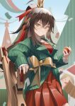  1girl absurdres arknights brown_hair collar cowboy_shot detached_collar dress eyepatch food fruit gaoqiaoyuyin_takahashi green_jacket hair_between_eyes highres holding holding_food holding_fruit jacket kafka_(arknights) kafka_(cardboard_fairy)_(arknights) long_hair long_sleeves official_alternate_costume pleated_dress ponytail red_dress red_ribbon ribbed_jacket ribbon smile solo very_long_hair white_collar yellow_eyes 
