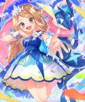  1girl :d armlet blue_dress blue_footwear blush clouds commentary_request confetti day dress eyelashes greninja grey_eyes hair_ribbon hand_up highres kosi leg_up long_hair official_alternate_costume open_mouth outdoors pokemon pokemon_(creature) pokemon_(game) pokemon_masters_ex ribbon serena_(champion)_(pokemon) serena_(pokemon) shoes sky smile spread_fingers tiara tongue wrist_cuffs 