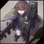  1girl assault_rifle bangs black_background black_border black_gloves black_thighhighs border brown_eyes brown_hair clenched_teeth commentary_request elbow_gloves girls_frontline gloves green_hair green_sweater grey_background gun hair_between_eyes highres holding holding_gun holding_weapon kuro_kosyou looking_away m4_carbine m4a1_(girls&#039;_frontline) multicolored_hair name_connection object_namesake ribbed_sweater rifle solo standing standing_on_one_leg streaked_hair sweater teeth thigh-highs two-tone_background v-shaped_eyebrows weapon 