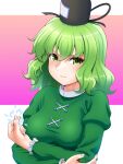  1girl angry black_headwear breasts crossed_arms energy gradient gradient_background green_eyes green_hair green_shirt highres long_sleeves looking_at_viewer pink_background shirt soga_no_tojiko solo tatsu_toyoyo touhou white_background 